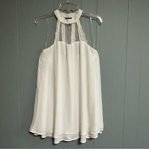 IMPRESSIONS White Layered Mini Dress with Lace and Straps Halter Neckline Size M